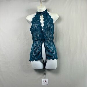 NWT Kleer Lingerie Womens Small Teal Teddy Lace Halter Neck Keyhole Scalloped